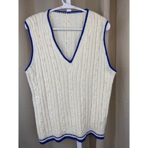Vintage Hand-Knit Cricket Sweater Vest – Ivory Cable Knit w/ Royal Blue Trim